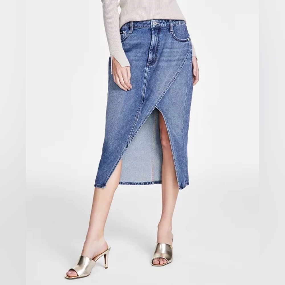 DKNY JEANS Womens Asymmetrical-Slit Cotton Denim Skirt Size 14 (32).